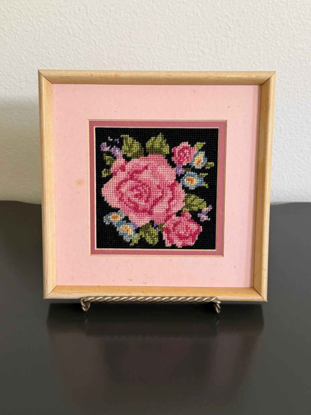 Vintage Framed Needlepoint Vibrant Pink Rose Black Background Matting Small